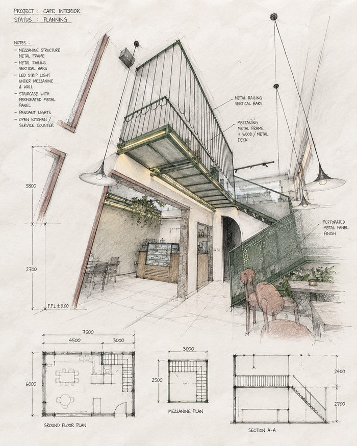 Architectural planning sketches and models