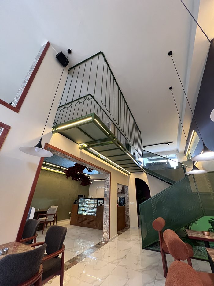 Completed café interior with mezzanine
