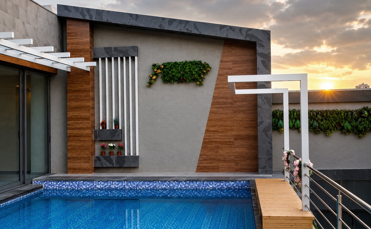 Rooftop pool terrace at sunset