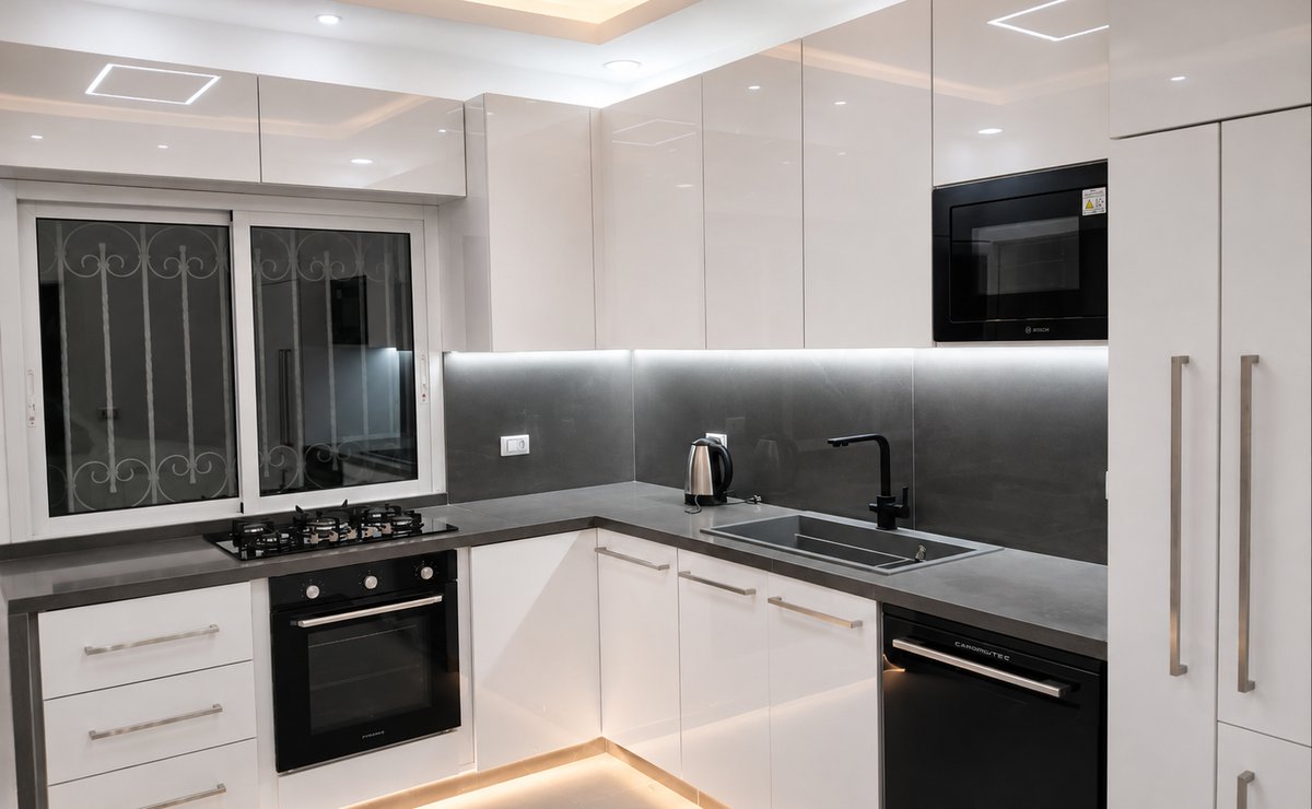 Modern high-gloss kitchen with grey counters