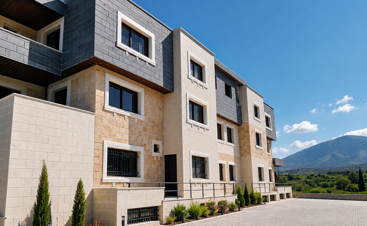 Stone-clad residential building exterior